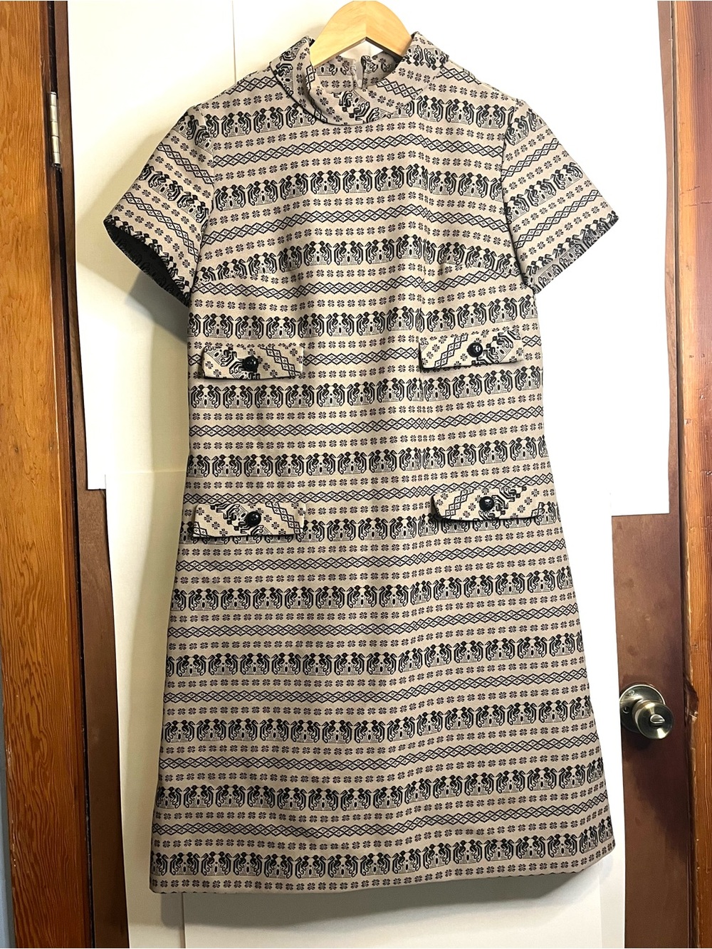 Fashioned By Patty 1960s Beige & Black Geometric Print A-Line Mod Dress